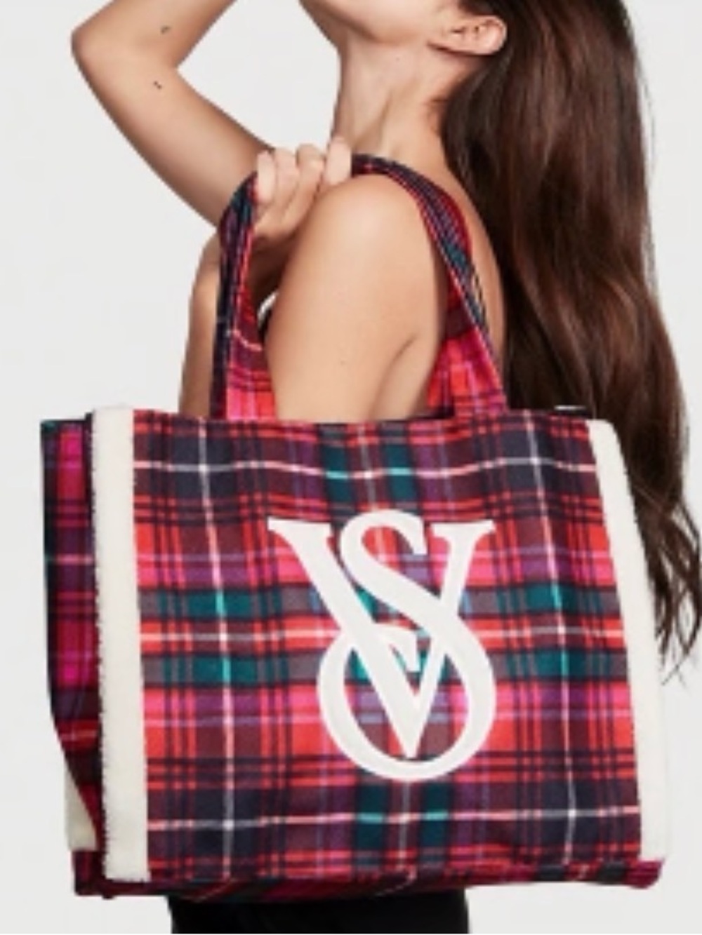 Victoria's Secret Pink and Red Plaid Tote with White Logo